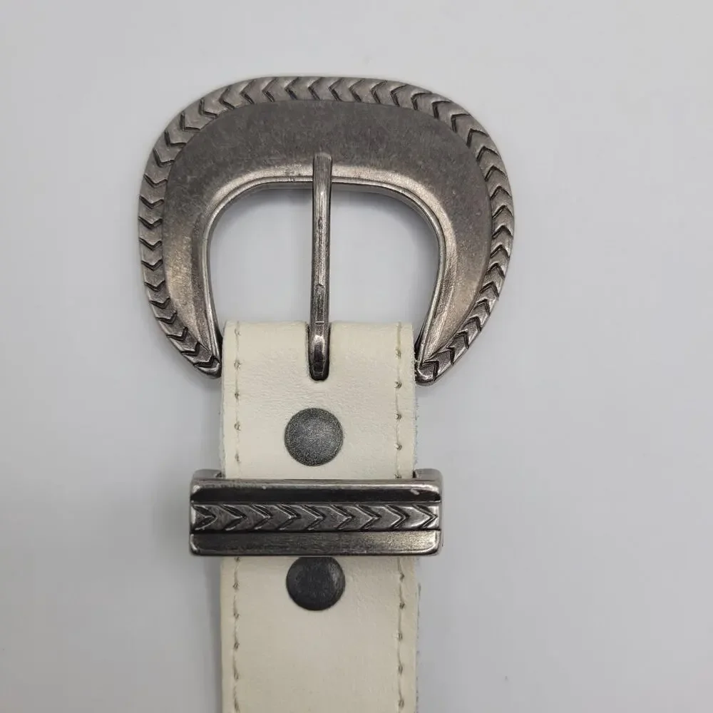 Off-White Leather Belt Small Western Antique Silver Buckle Cowgirl Boho Cowboy